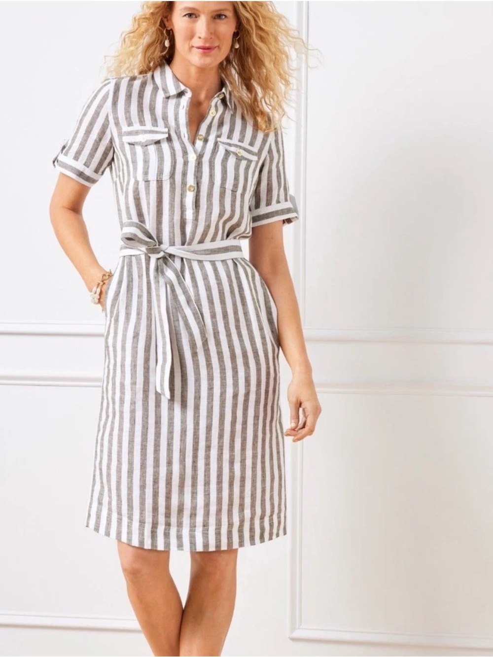 NWT Talbots Striped Linen Utility Shirt Dress in White and Taupe size 16W